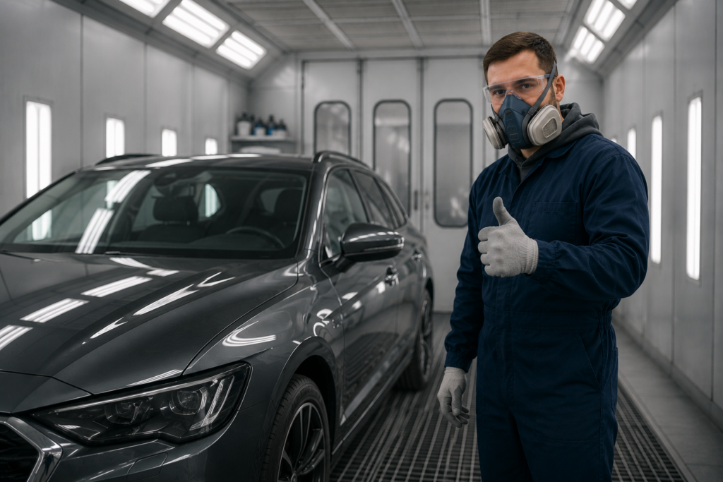 Erfolgreiche Autolackierung in Münster: Ein Autolackierer mit Atemschutzmaske gibt Daumen hoch neben einem fertig lackierten, glänzenden grauen Auto in der Lackierkabine.