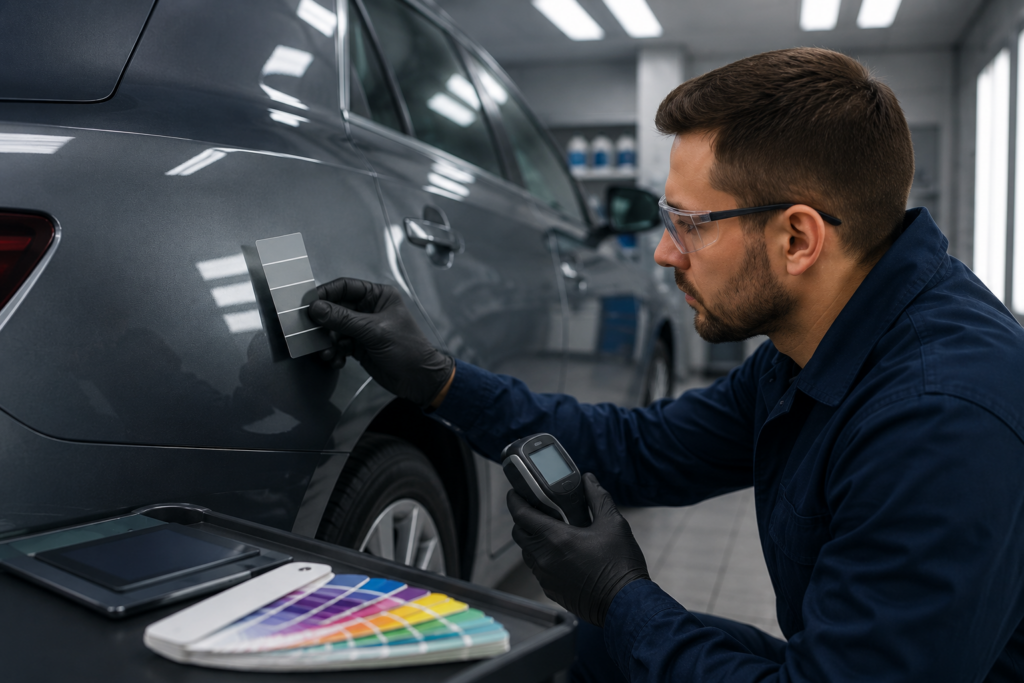 Professioneller Autolackierer in Münster bei der exakten Farbtonbestimmung mit Farbkarten und einem digitalen Messgerät an einem grauen Auto.