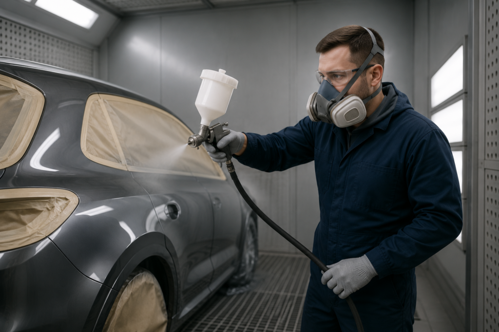 Professionelle Autolackierung in Münster: Ein Autolackierer mit Atemschutzmaske lackiert ein Auto nach einem Unfallschaden mit der Spritzpistole in einer Lackierkabine.
