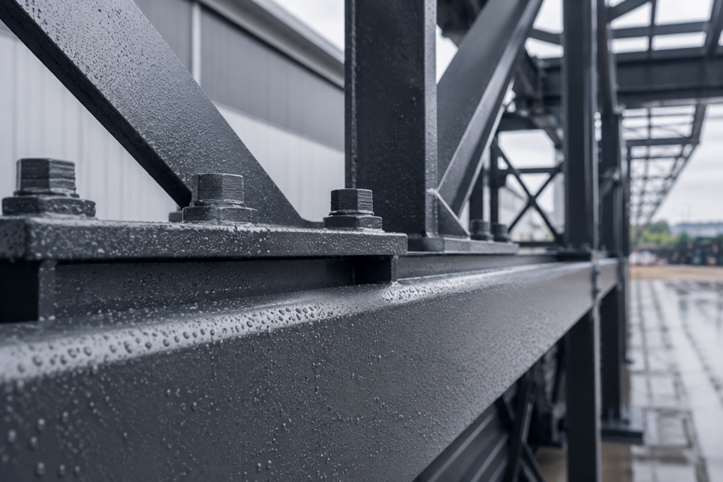 Anthrazitfarbene Stahlkonstruktion mit hochwertiger Korrosionsschutzbeschichtung und sichtbaren Regentropfen auf der Oberfläche. Die Nahaufnahme zeigt langlebigen Rostschutz und professionelle Beschichtungstechnik im modernen Industrieumfeld.