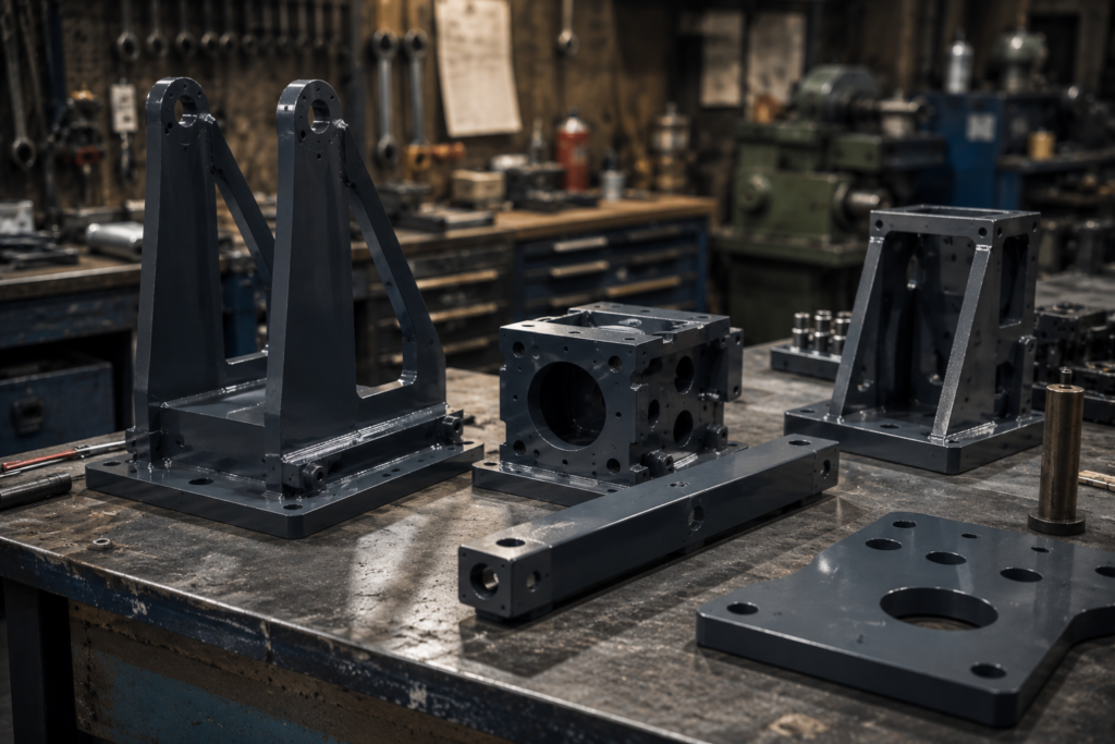 Hochwertig beschichtete Metallbauteile in einer modernen Handwerkswerkstatt.