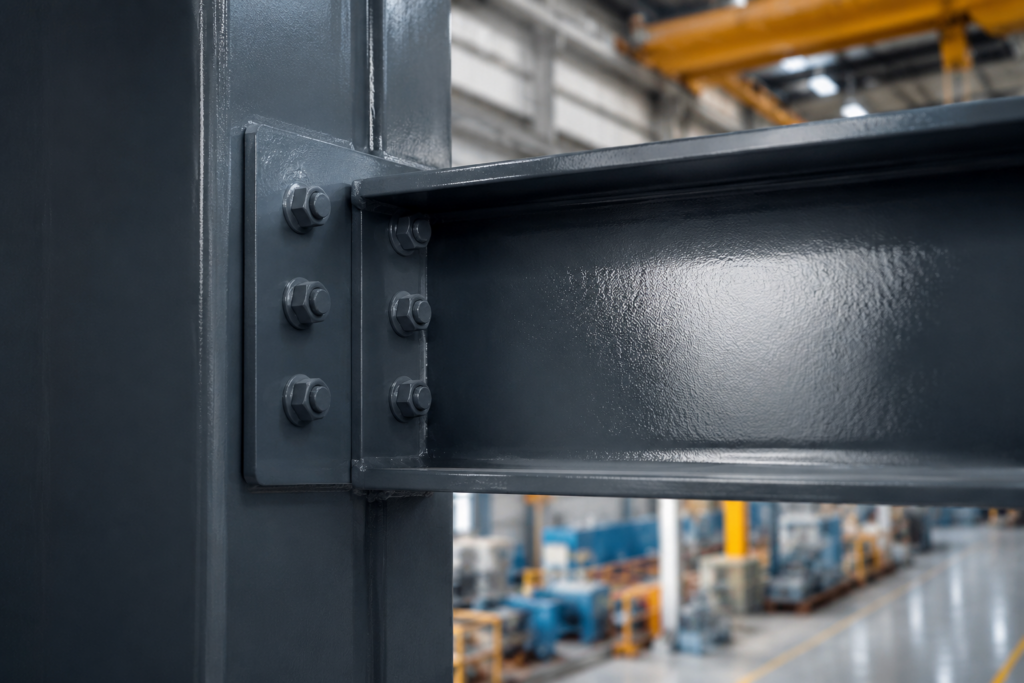 Anthrazitfarben beschichtete Stahlkonstruktion mit hochwertiger Industrielackierung und langlebigem Oberflächenschutz.