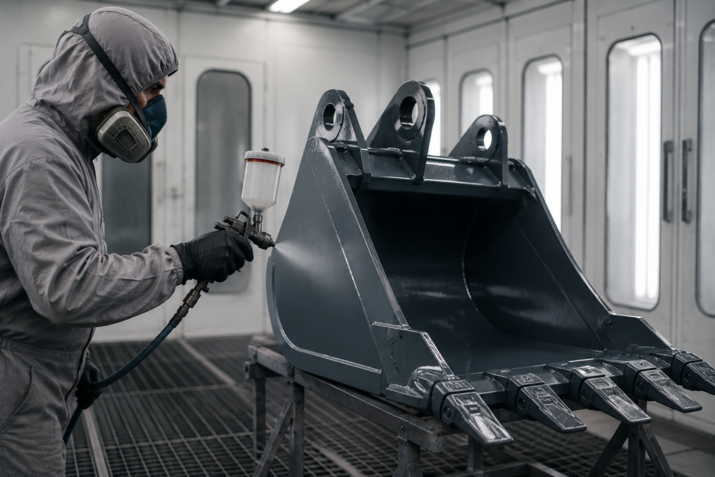 Mitarbeiter lackiert eine Baggerschaufel in einer professionellen Lackierkabine für optimalen Korrosionsschutz und langlebige Oberflächen in Münster.