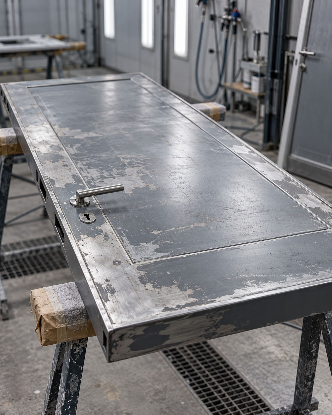 Abgenutzte Metalltür mit Kratzern und angeschliffener Lackoberfläche vor der professionellen Türlackierung in Münster | Lackiererei Münster
