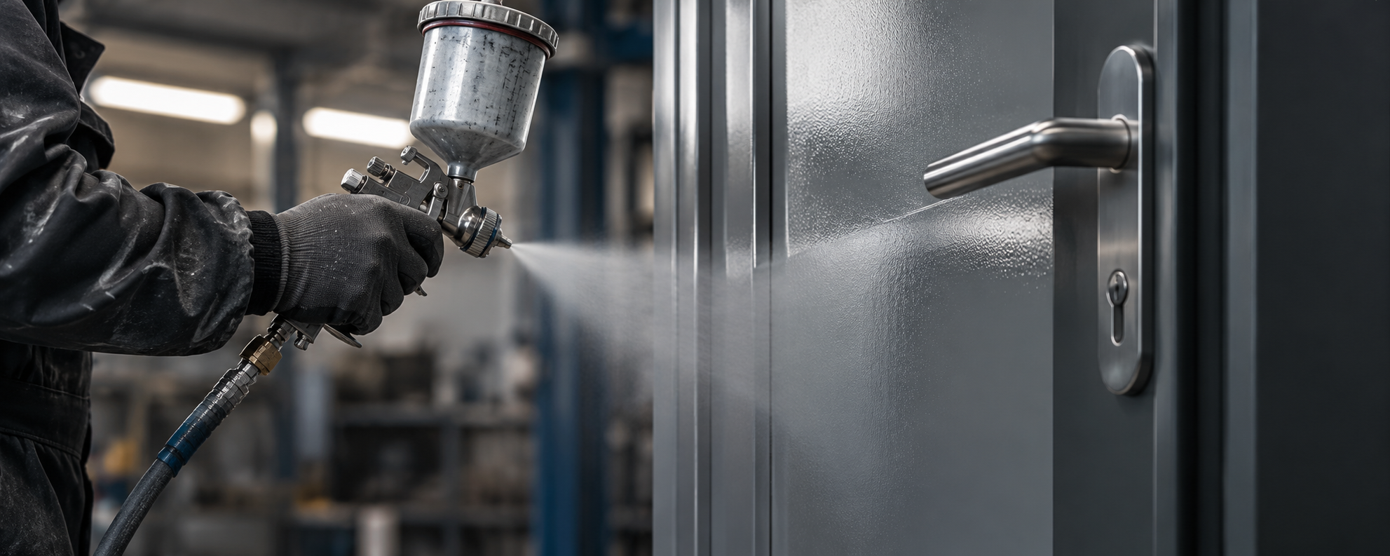 Metalltüren lackieren in Münster – professionelle Lackierung einer grauen Metalltür mit einer Spritzpistole in einer Lackierwerkstatt | Lackiererei Münster